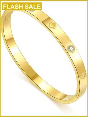 18K Gold Plated Titanium Steel Cuff Bangle Bracelet Cubic Zirconia